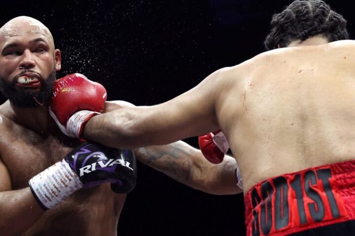 Frazer Clarke departs ring after loss to Jeamie TKV in Derby boxing match