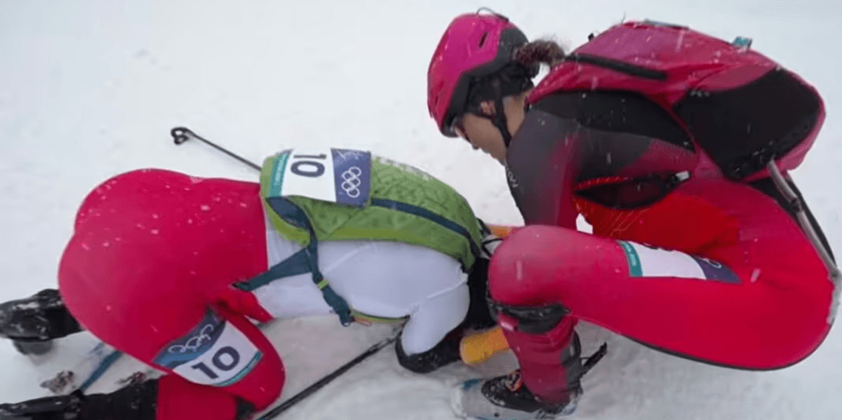 Polish ski mountaineer Iwona Januszyk breaks down in tears after finishing last in Olympics heat