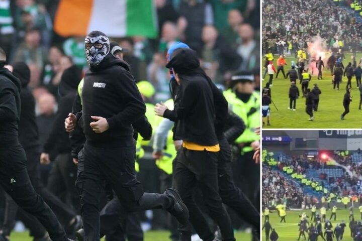 Fans clash on pitch after Celtic's penalty shootout win over Rangers in Scottish Cup quarter-finals