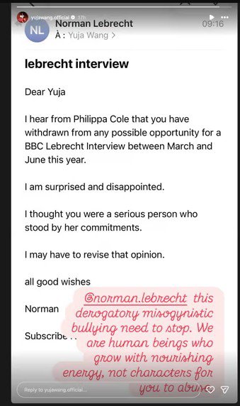 Yuja Wang accuses Norman Lebrecht of misogynistic bullying amid sexism in classical music