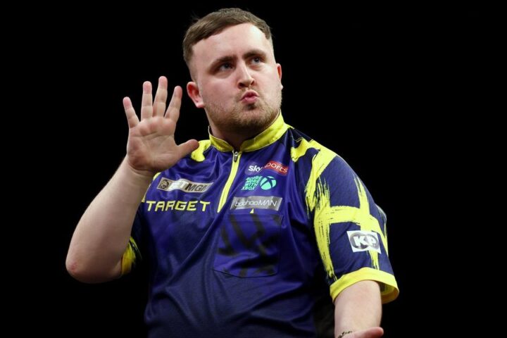 Luke Littler reacts to Gian van Veen after Premier League darts clash