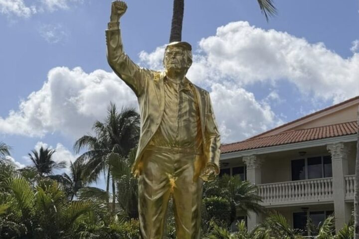 Trump unveils 15-foot gold statue at Florida golf resort amid mixed reactions