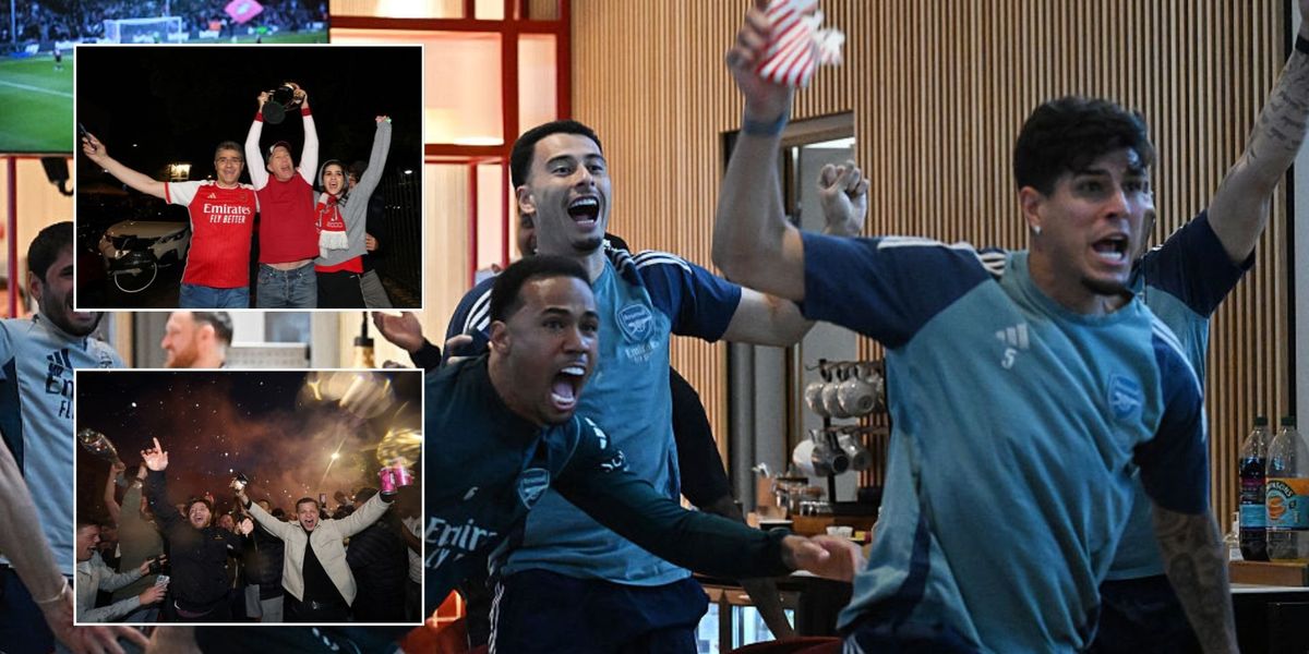 Arsenal players and staff celebrate Premier League title victory after 22-year wait