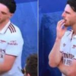 Declan Rice reacts emotionally during Arsenal’s Premier League title celebrations after West Ham relegation