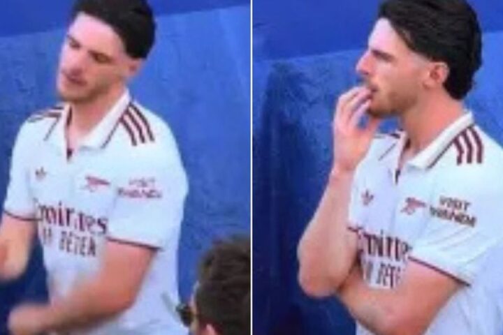 Declan Rice reacts emotionally during Arsenal’s Premier League title celebrations after West Ham relegation