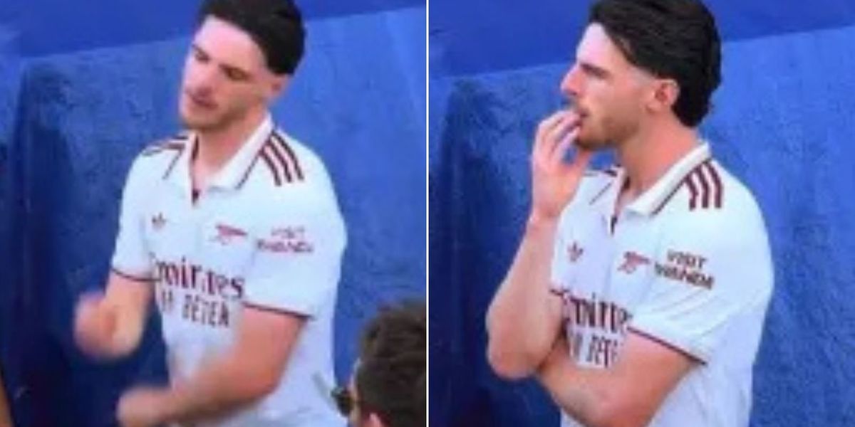 Declan Rice reacts emotionally during Arsenal’s Premier League title celebrations after West Ham relegation