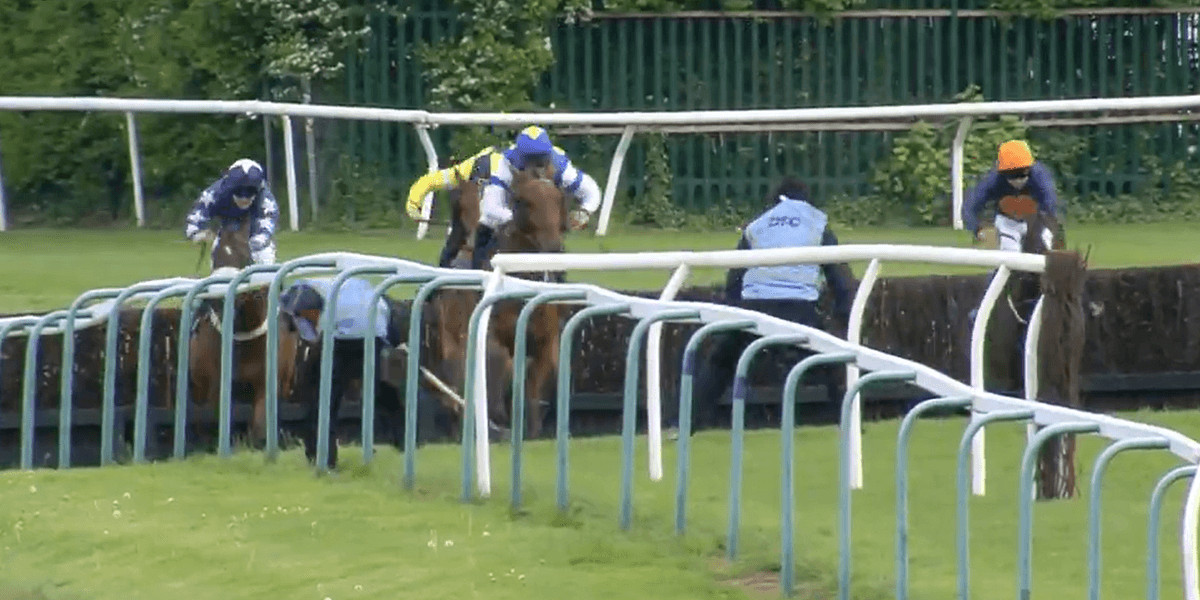 Racecourse staff narrowly escape injury as horses veer off course at Hereford Racecourse