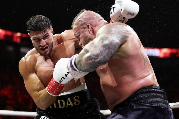 Tommy Fury defeats Eddie Hall in exhibition boxing match at Manchester's AO Arena