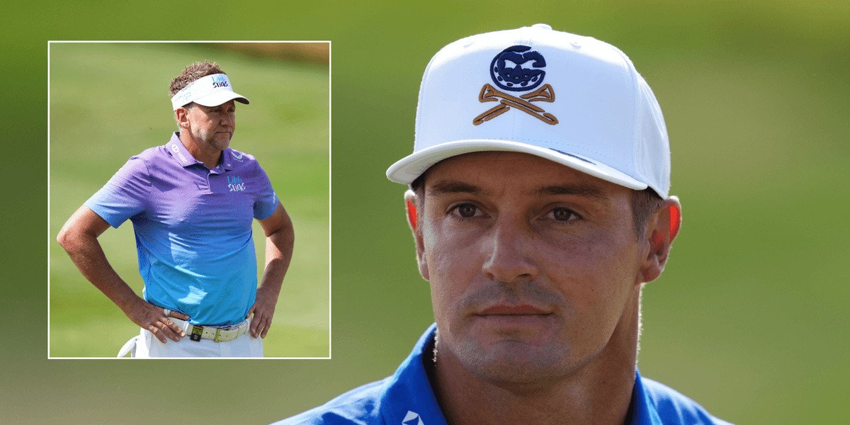 Bryson DeChambeau's tee shot narrowly misses Ian Poulter during LIV Golf event in Staffordshire
