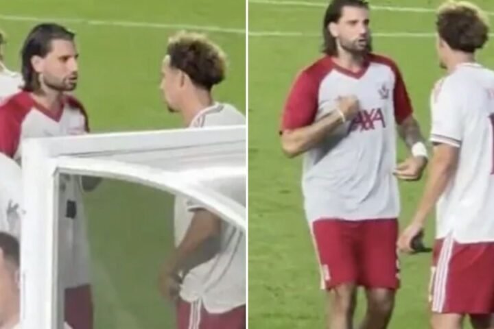 Curtis Jones and Dominik Szoboszlai clash during Liverpool's pre-season match against Wrexham
