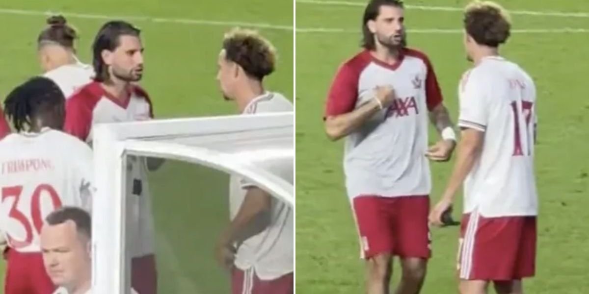 Curtis Jones and Dominik Szoboszlai clash during Liverpool's pre-season match against Wrexham