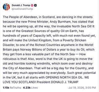 Donald Trump suggests new PM Andy Burnham will pursue North Sea oil expansion