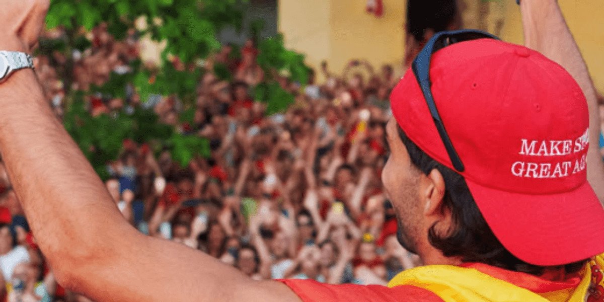 Ferran Torres sports 'Make Spain Great Again' cap during World Cup victory parade in Madrid