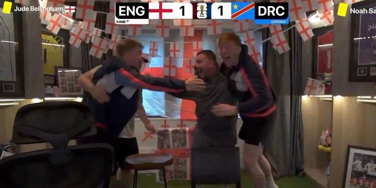 Luke Littler celebrates England's victory over DR Congo alongside I'm a Celeb winner