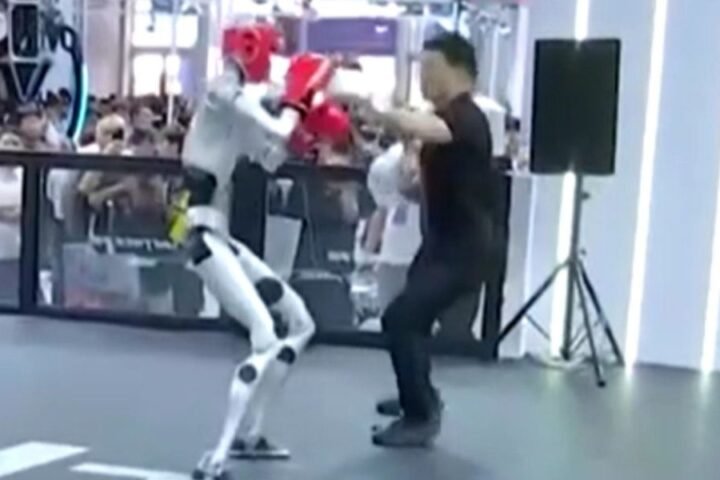 Man spars with humanoid robot at Beijing's World Robot Conference