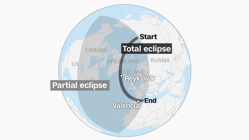 Upcoming total solar eclipse to be visible from parts of Greenland, Iceland, Spain, and Portugal