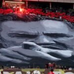 Red Star fans display tifo of convicted war criminal Ratko Mladic before derby match