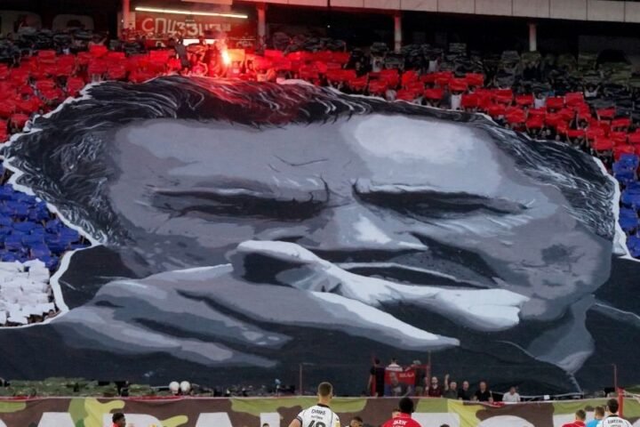 Red Star fans display tifo of convicted war criminal Ratko Mladic before derby match